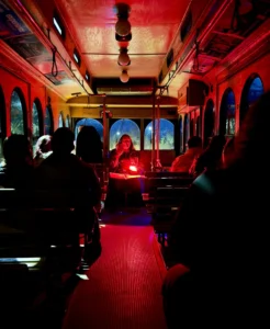 Inside picture of haunter trolley tour Medicine Hat